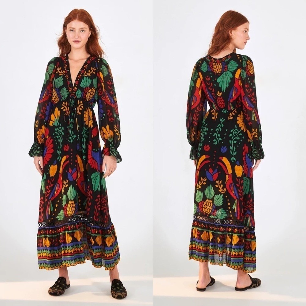 Farm Rio Black Tropical Toucan Floral V-Neck Maxi Dress S Long Puff Sleeve Boho - Picture 3 of 16